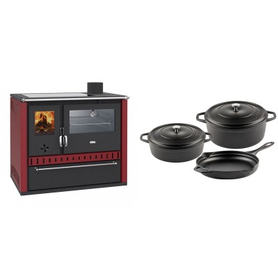 Set Küchenofen / Küchenhexe Prity GT Rot, mit Edelstahl-Backofen, Glaskeramik-Kochfeld und Schublade, 15 kW + Gusseisen Topf Set aus 3 teilen Solagio, Black Onyx - Kaminofen - Holzofen mit Backfach