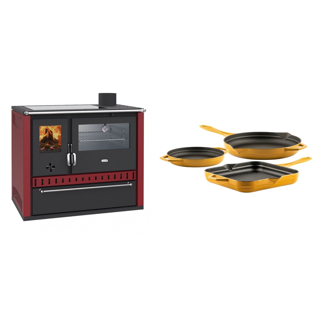 Set Küchenofen / Küchenhexe Prity GT Rot, mit Edelstahl-Backofen, Glaskeramik-Kochfeld und Schublade, 15 kW + Gusseisen Topf Set aus 3 teilen Solagio, Dijon | Kaminofen - Holzofen mit Backfach | Kaminofen |