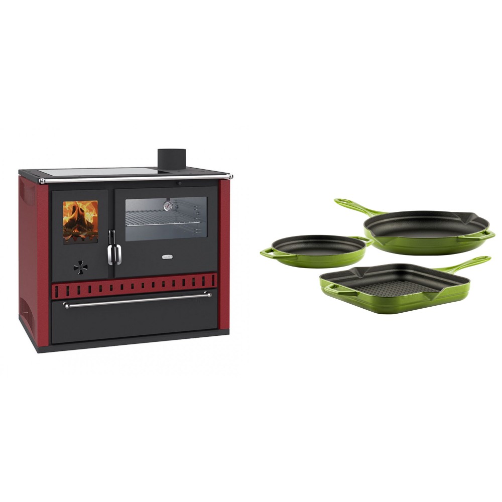 Set Küchenofen / Küchenhexe Prity GT Rot, mit Edelstahl-Backofen, Glaskeramik-Kochfeld und Schublade, 15 kW + Gusseisen Topf Set aus 3 teilen Solagio, Bamboo | Kaminofen - Holzofen mit Backfach | Kaminofen |