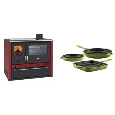 Set Küchenofen / Küchenhexe Prity GT Rot, mit Edelstahl-Backofen, Glaskeramik-Kochfeld und Schublade, 15 kW + Gusseisen Topf Set aus 3 teilen Solagio, Bamboo - Kaminofen - Holzofen mit Backfach