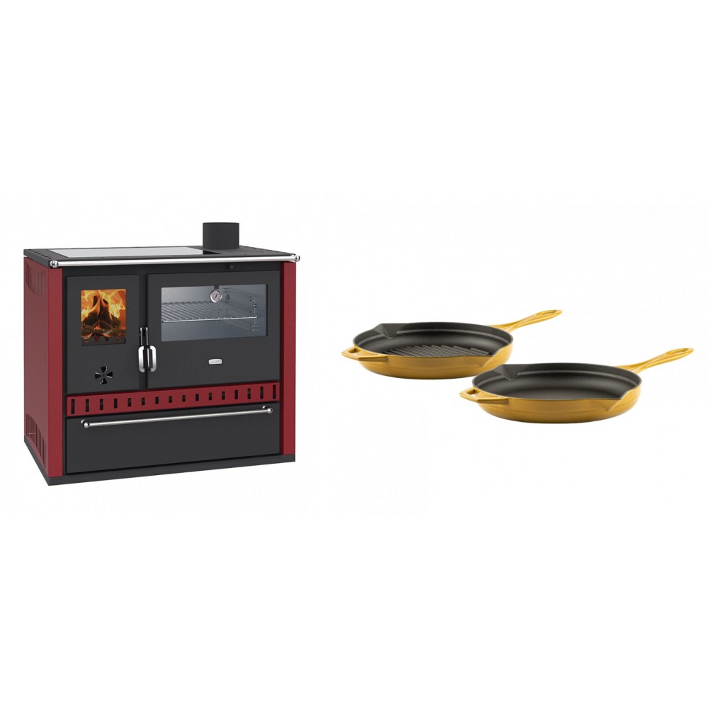 Set Küchenofen / Küchenhexe Prity GT Rot, mit Edelstahl-Backofen, Glaskeramik-Kochfeld und Schublade, 15 kW + Gusseisen Topf Set aus 2 teilen Solagio, Dijon | Kaminofen - Holzofen mit Backfach | Kaminofen |