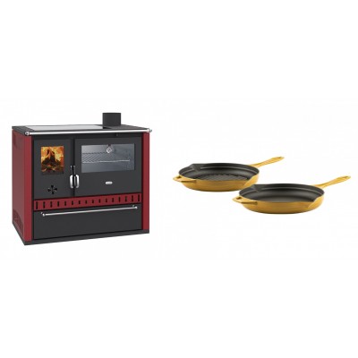 Set Küchenofen / Küchenhexe Prity GT Rot, mit Edelstahl-Backofen, Glaskeramik-Kochfeld und Schublade, 15 kW + Gusseisen Topf Set aus 2 teilen Solagio, Dijon - Kaminofen - Holzofen mit Backfach