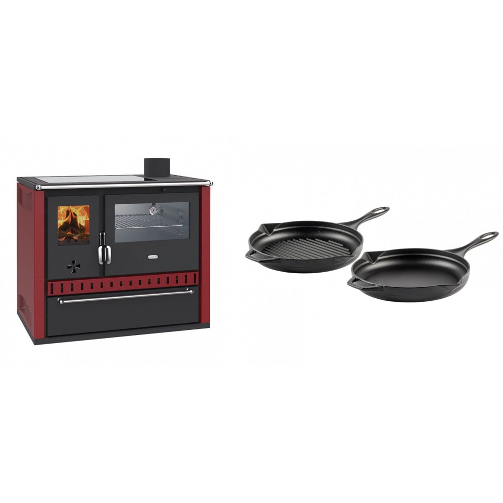 Set Küchenofen / Küchenhexe Prity GT Rot, mit Edelstahl-Backofen, Glaskeramik-Kochfeld und Schublade, 15 kW + Gusseisen Topf Set aus 2 teilen Solagio, Black Onyx | Kaminofen - Holzofen mit Backfach | Kaminofen |