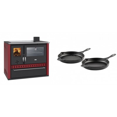 Set Küchenofen / Küchenhexe Prity GT Rot, mit Edelstahl-Backofen, Glaskeramik-Kochfeld und Schublade, 15 kW + Gusseisen Topf Set aus 2 teilen Solagio, Black Onyx - Kaminofen - Holzofen mit Backfach