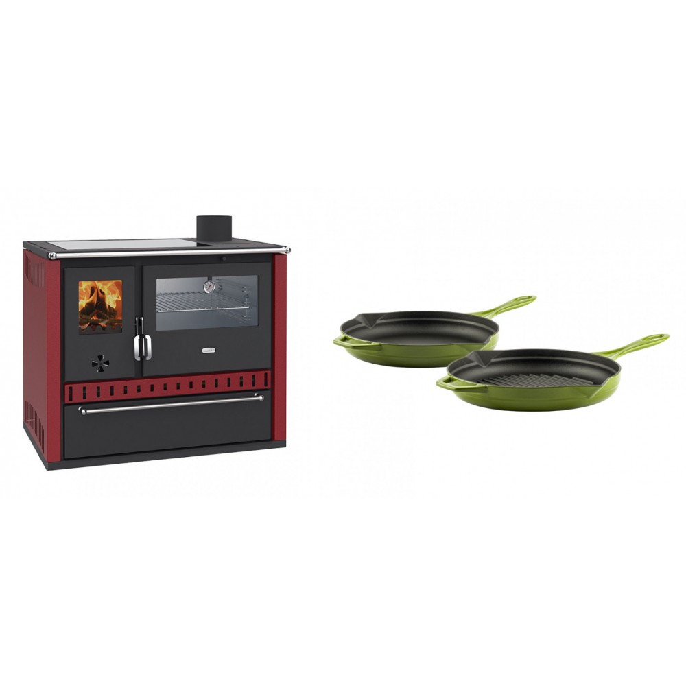 Set Küchenofen / Küchenhexe Prity GT Rot, mit Edelstahl-Backofen, Glaskeramik-Kochfeld und Schublade, 15 kW + Gusseisen Topf Set aus 2 teilen Solagio, Bamboo