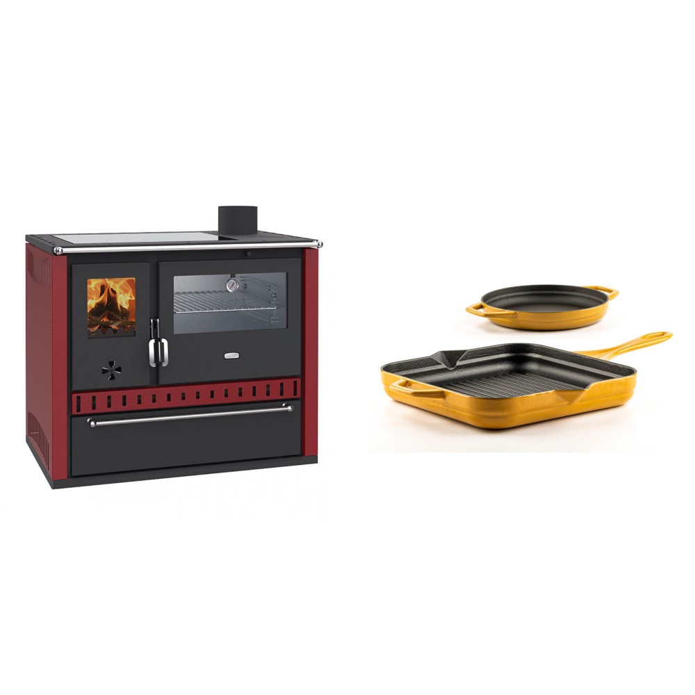 Set Küchenofen / Küchenhexe Prity GT Rot, mit Edelstahl-Backofen, Glaskeramik-Kochfeld und Schublade, 15 kW + Gusseisen Topf Set aus 2 teilen Solagio, Dijon | Kaminofen - Holzofen mit Backfach | Kaminofen |