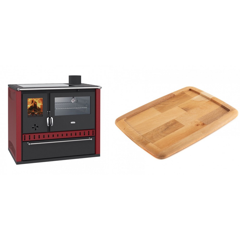 Set Küchenofen / Küchenhexe Prity GT Rot, mit Edelstahl-Backofen, Glaskeramik-Kochfeld und Schublade, 15 kW + Holz untersetzer für gusseisenplatte Solagio HSST2131