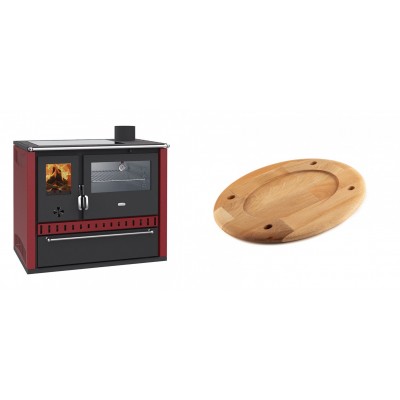 Set Küchenofen / Küchenhexe Prity GT Rot, mit Edelstahl-Backofen, Glaskeramik-Kochfeld und Schublade, 15 kW + Holz untersetzer für ovale platte Solagio HSOISK2533, 25x33cm - Kaminofen - Holzofen mit Backfach