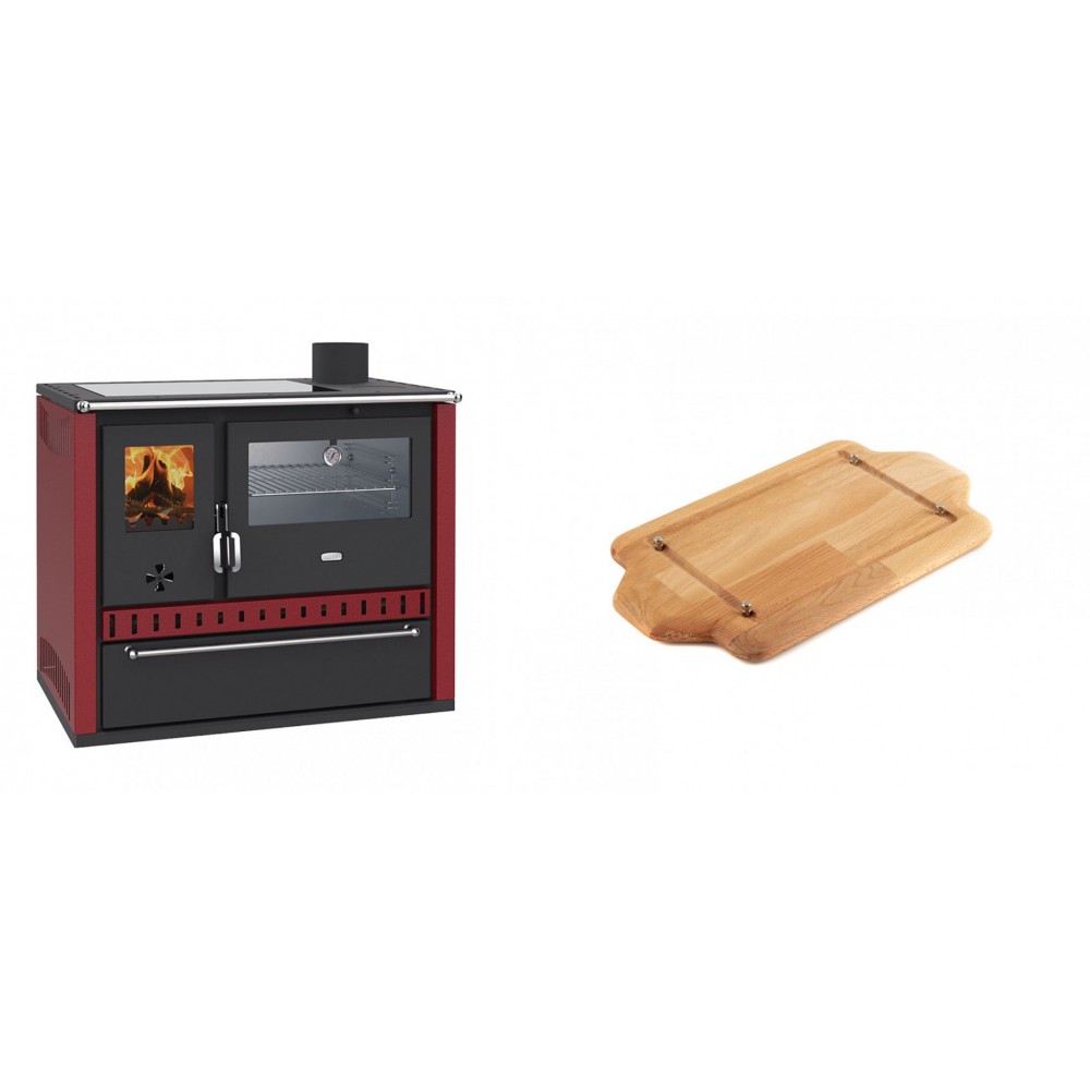 Set Küchenofen / Küchenhexe Prity GT Rot, mit Edelstahl-Backofen, Glaskeramik-Kochfeld und Schublade, 15 kW + Holz untersetzer für mini-gusseisenplatte Solagio HSDDHP1522 | Kaminofen - Holzofen mit Backfach | Kaminofen |