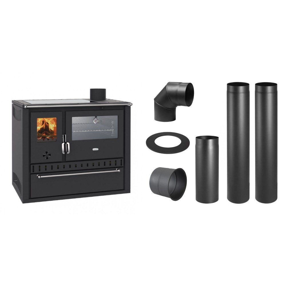 Set Küchenofen / Küchenhexe Wasserführend Prity GT W10, mit Edelstahl-Backofen, Glaskeramik-Kochfeld und Schublade, 13.3 kW + Schornstein Bausatz PARKANEX, Stahl Ø150, Dicke 2mm | Kaminofen - Holzofen mit Backfach | Kaminofen |