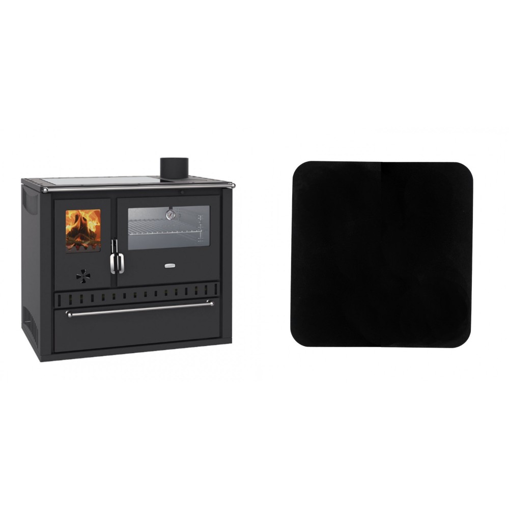 Set Küchenofen / Küchenhexe Wasserführend Prity GT W10, mit Edelstahl-Backofen, Glaskeramik-Kochfeld und Schublade, 13.3 kW + Funkenschutzplatte Stahl 2mm, Größe 98x98cm | Kaminofen - Holzofen mit Backfach | Prity |