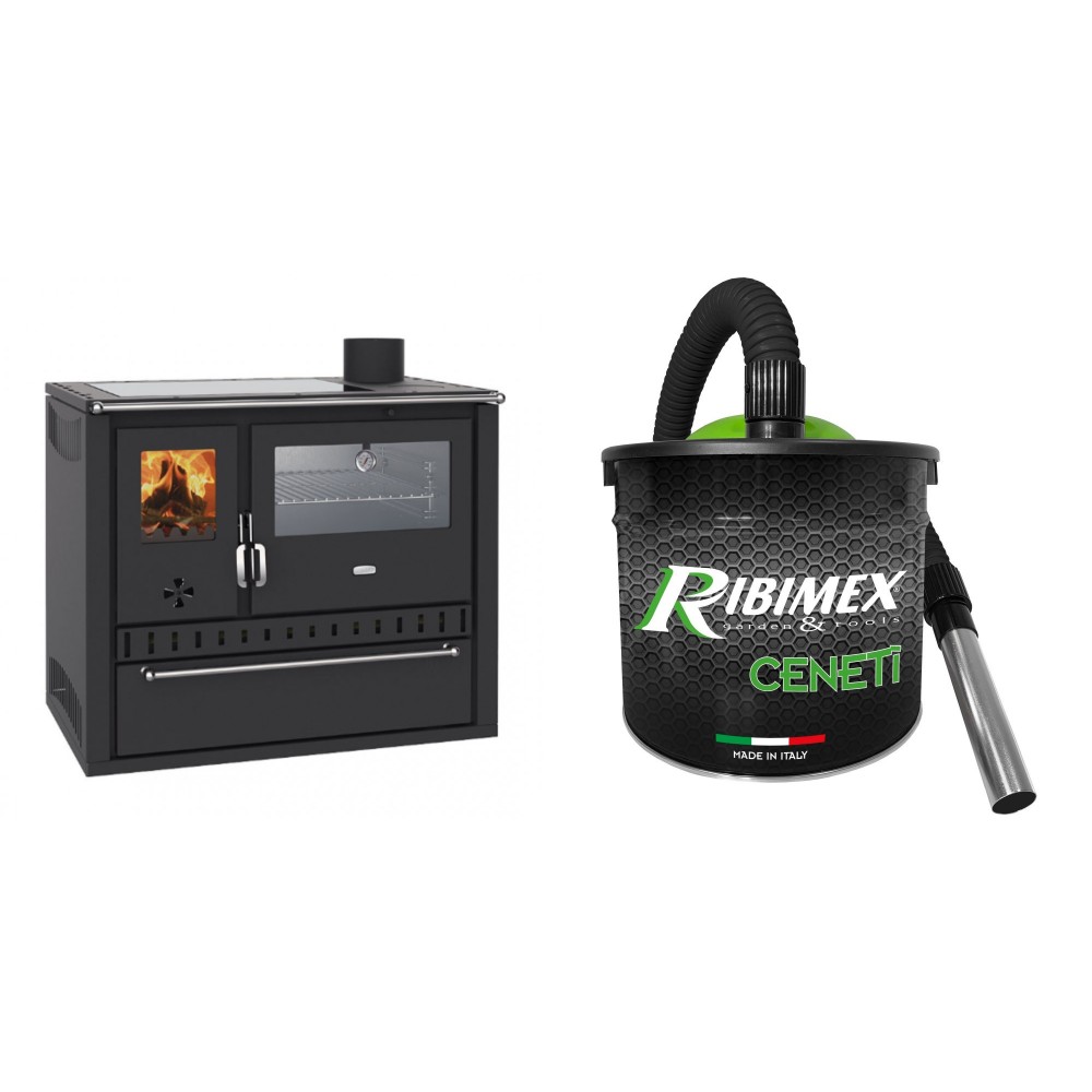 Set Küchenofen / Küchenhexe Wasserführend Prity GT W10, mit Edelstahl-Backofen, Glaskeramik-Kochfeld und Schublade, 13.3 kW + Elektrischer Aschesauger Ribimex, Modell Cenetì, Fassungsvermögen 15 L