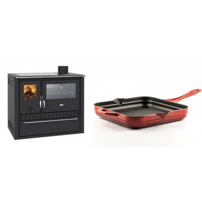 Set Küchenofen / Küchenhexe Wasserführend Prity GT W10, mit Edelstahl-Backofen, Glaskeramik-Kochfeld und Schublade, 13.3 kW + Emaillierte grillpfanne Gusseisen Solagio, Rubin, 28x28cm - Kaminofen - Holzofen mit Backfach