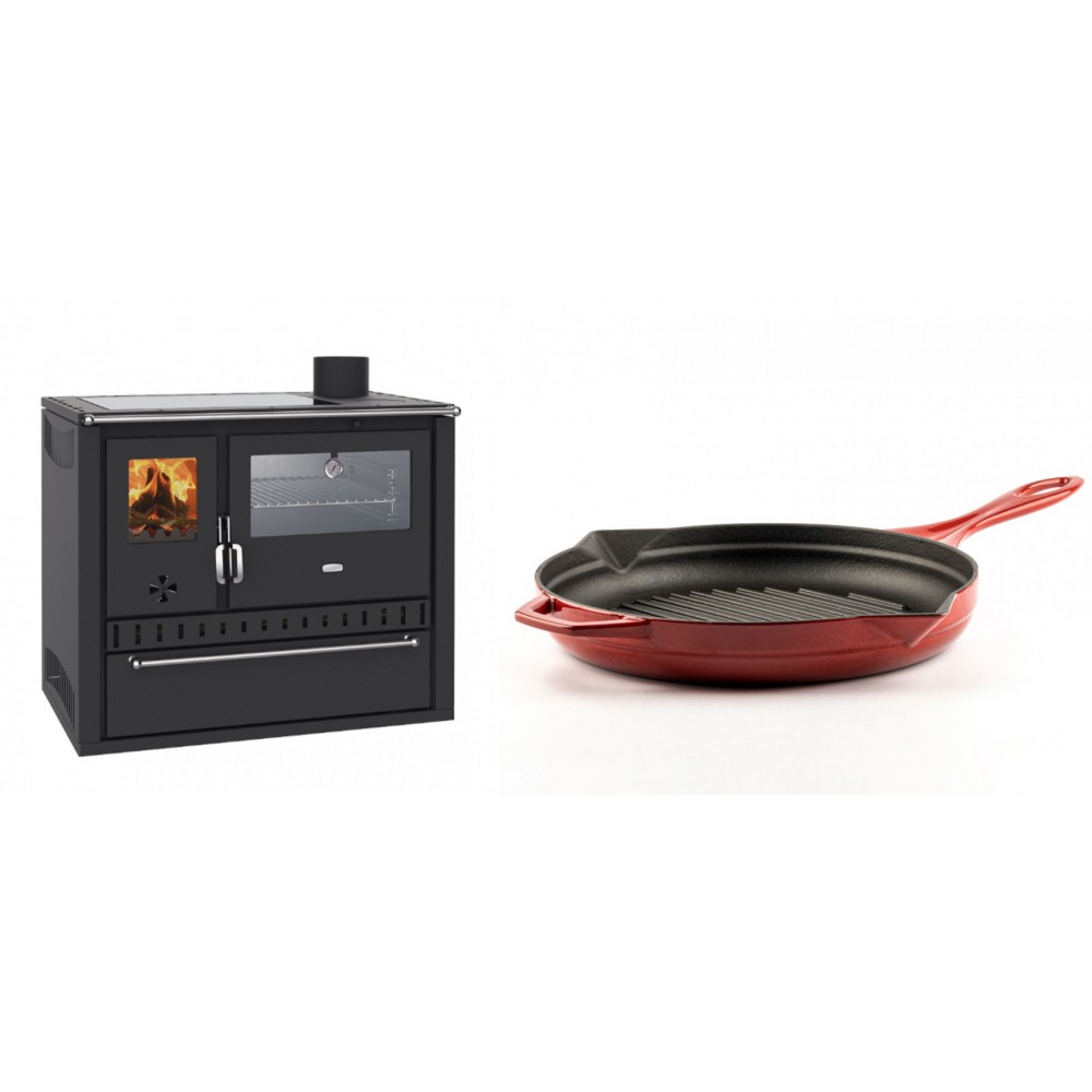 Set Küchenofen / Küchenhexe Wasserführend Prity GT W10, mit Edelstahl-Backofen, Glaskeramik-Kochfeld und Schublade, 13.3 kW + Emaillierte grillpfanne Gusseisen Solagio, Rubin, Ф28cm | Kaminofen - Holzofen mit Backfach | Kaminofen |