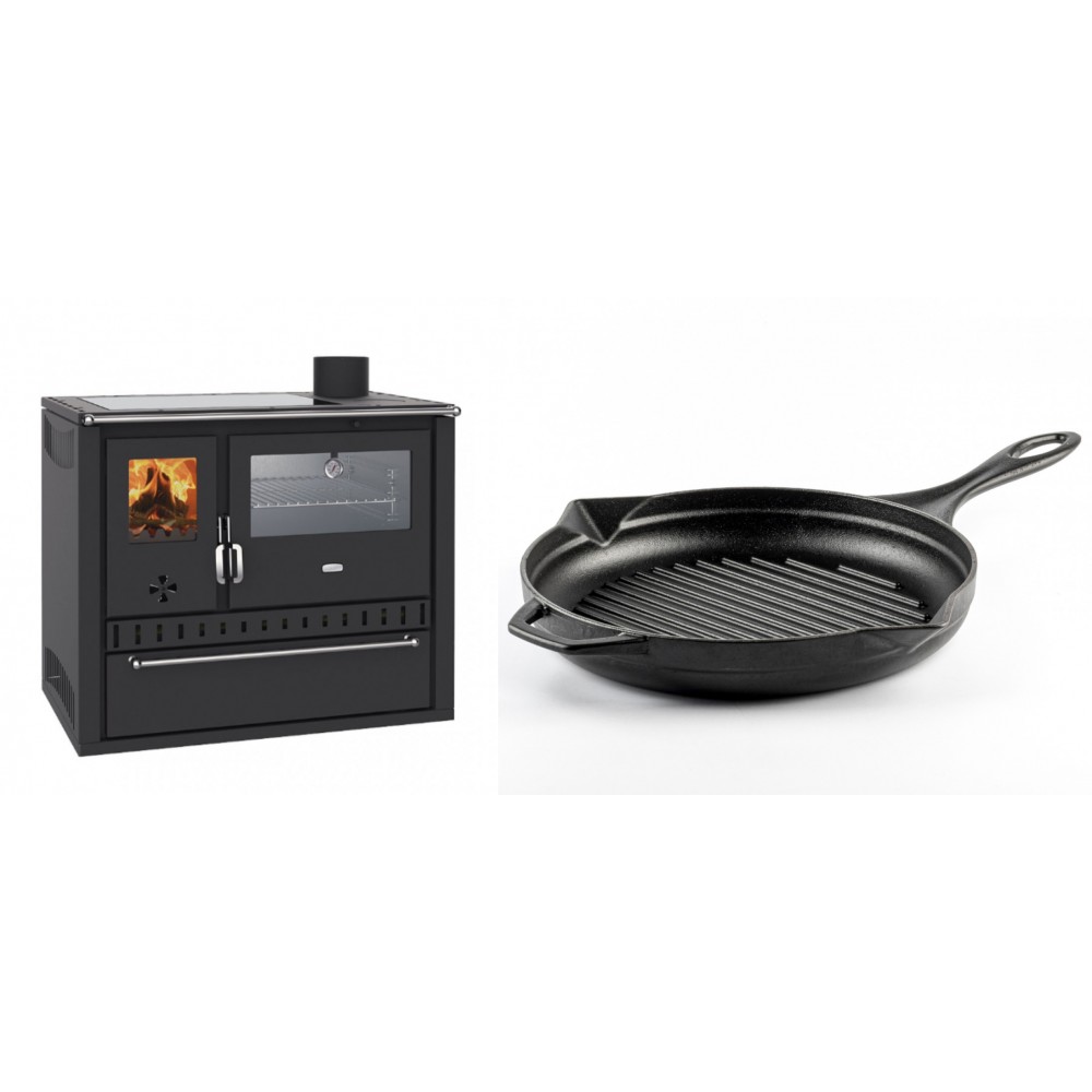 Set Küchenofen / Küchenhexe Wasserführend Prity GT W10, mit Edelstahl-Backofen, Glaskeramik-Kochfeld und Schublade, 13.3 kW + Emaillierte grillpfanne Gusseisen Solagio, Black Onyx, Ф28cm | Kaminofen - Holzofen mit Backfach | Kaminofen |
