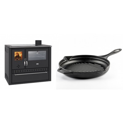 Set Küchenofen / Küchenhexe Wasserführend Prity GT W10, mit Edelstahl-Backofen, Glaskeramik-Kochfeld und Schublade, 13.3 kW + Emaillierte grillpfanne Gusseisen Solagio, Black Onyx, Ф28cm - Kaminofen - Holzofen mit Backfach