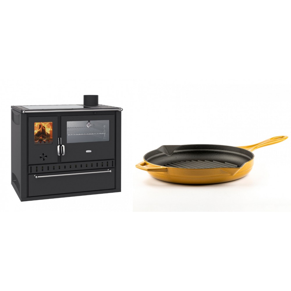 Set Küchenofen / Küchenhexe Wasserführend Prity GT W10, mit Edelstahl-Backofen, Glaskeramik-Kochfeld und Schublade, 13.3 kW + Emaillierte grillpfanne Gusseisen Solagio, Dijon, Ф28cm