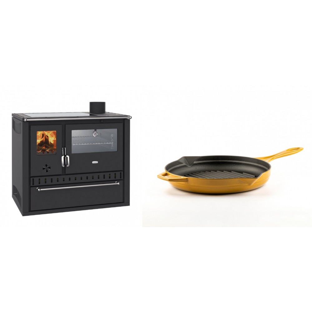 Set Küchenofen / Küchenhexe Wasserführend Prity GT W10, mit Edelstahl-Backofen, Glaskeramik-Kochfeld und Schublade, 13.3 kW + Emaillierte grillpfanne Gusseisen Solagio, Dijon, Ф24cm | Kaminofen - Holzofen mit Backfach | Kaminofen |
