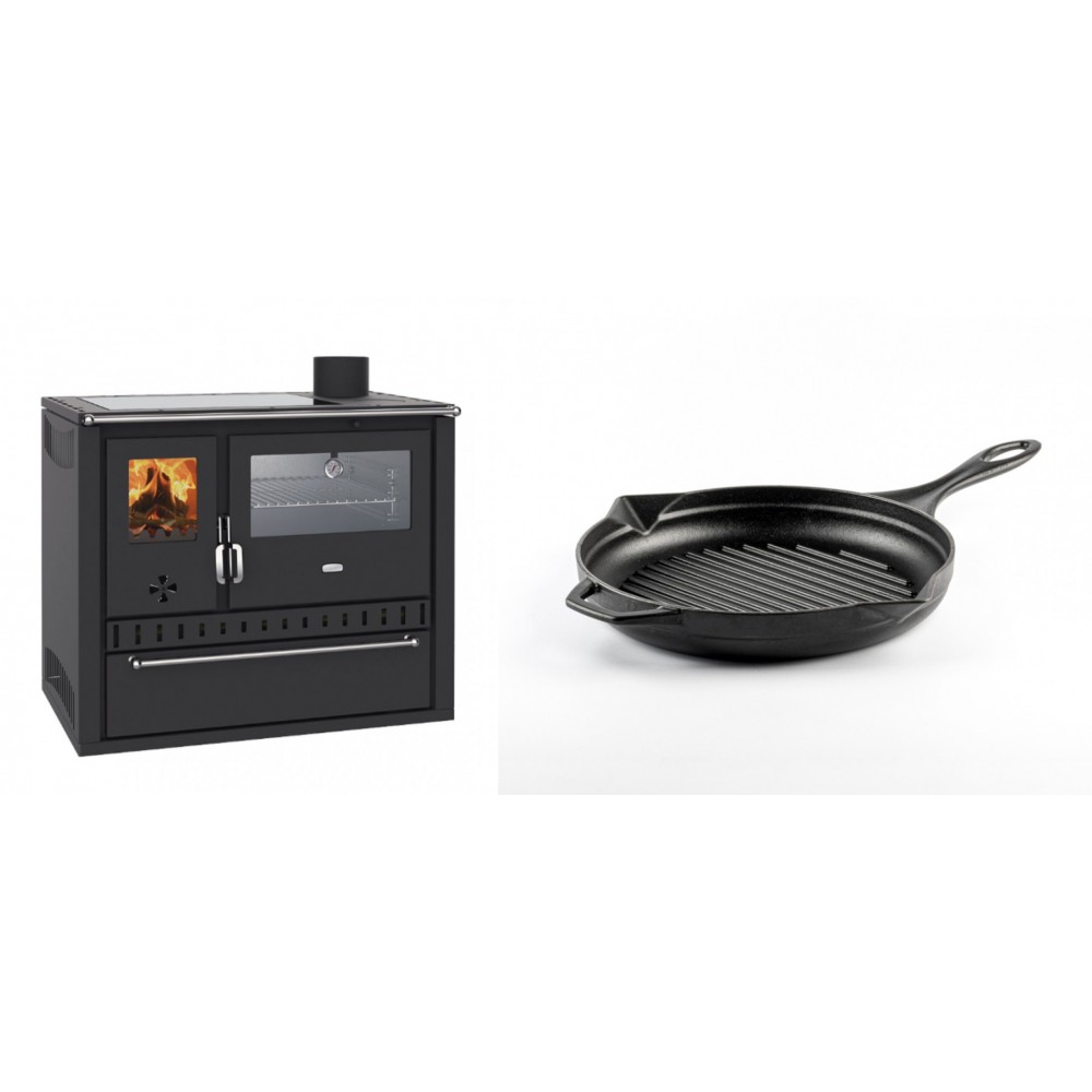 Set Küchenofen / Küchenhexe Wasserführend Prity GT W10, mit Edelstahl-Backofen, Glaskeramik-Kochfeld und Schublade, 13.3 kW + Emaillierte grillpfanne Gusseisen Solagio, Black Onyx, Ф24cm | Kaminofen - Holzofen mit Backfach | Kaminofen |