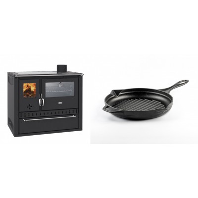 Set Küchenofen / Küchenhexe Wasserführend Prity GT W10, mit Edelstahl-Backofen, Glaskeramik-Kochfeld und Schublade, 13.3 kW + Emaillierte grillpfanne Gusseisen Solagio, Black Onyx, Ф24cm - Kaminofen - Holzofen mit Backfach