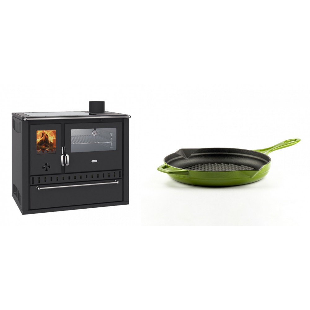 Set Küchenofen / Küchenhexe Wasserführend Prity GT W10, mit Edelstahl-Backofen, Glaskeramik-Kochfeld und Schublade, 13.3 kW + Emaillierte grillpfanne Gusseisen Solagio, Bamboo, Ф24cm