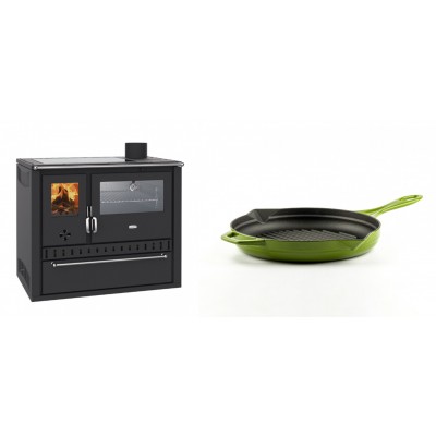 Set Küchenofen / Küchenhexe Wasserführend Prity GT W10, mit Edelstahl-Backofen, Glaskeramik-Kochfeld und Schublade, 13.3 kW + Emaillierte grillpfanne Gusseisen Solagio, Bamboo, Ф24cm - Kaminofen - Holzofen mit Backfach
