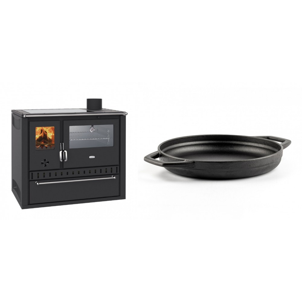 Set Küchenofen / Küchenhexe Wasserführend Prity GT W10, mit Edelstahl-Backofen, Glaskeramik-Kochfeld und Schublade, 13.3 kW + Emaillierte gusseisenpfanne mit zwei Griffen Solagio, Black Onyx, Ф22cm