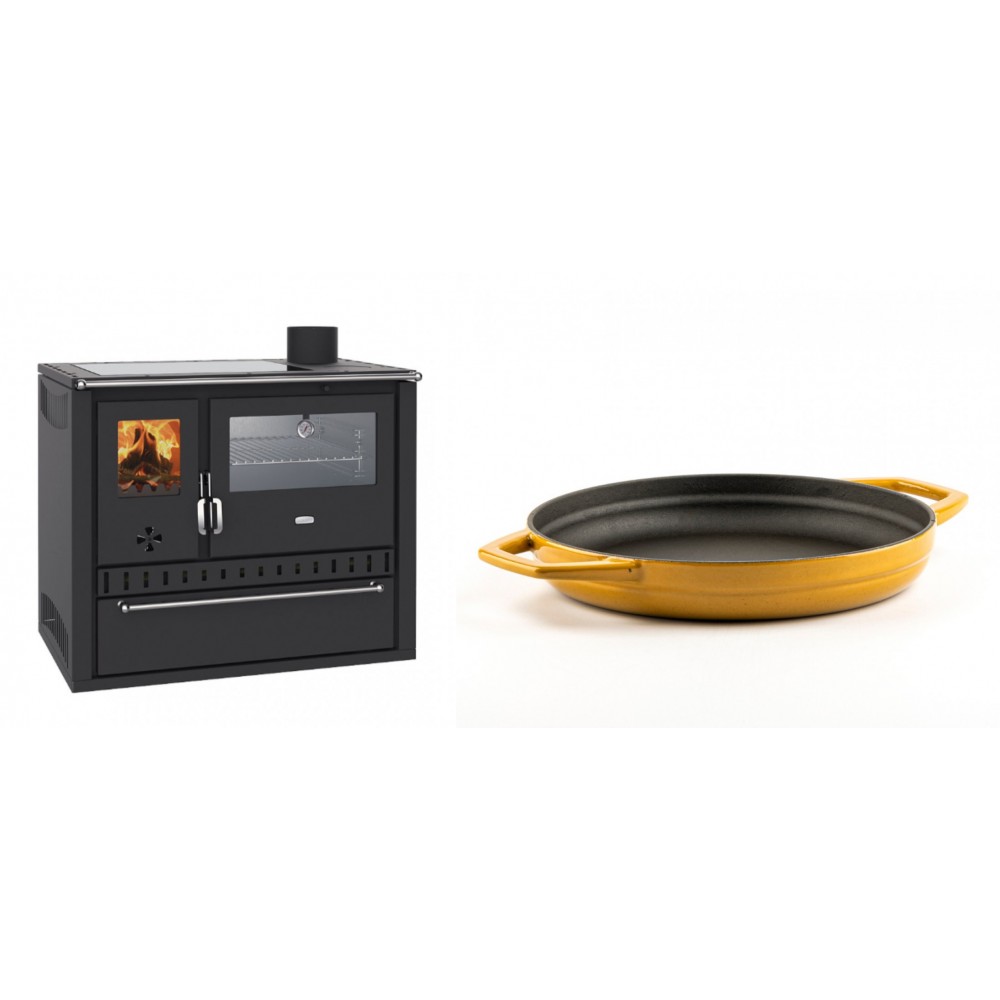 Set Küchenofen / Küchenhexe Wasserführend Prity GT W10, mit Edelstahl-Backofen, Glaskeramik-Kochfeld und Schublade, 13.3 kW + Emaillierte gusseisenpfanne mit zwei Griffen Solagio, Dijon, Ф22cm