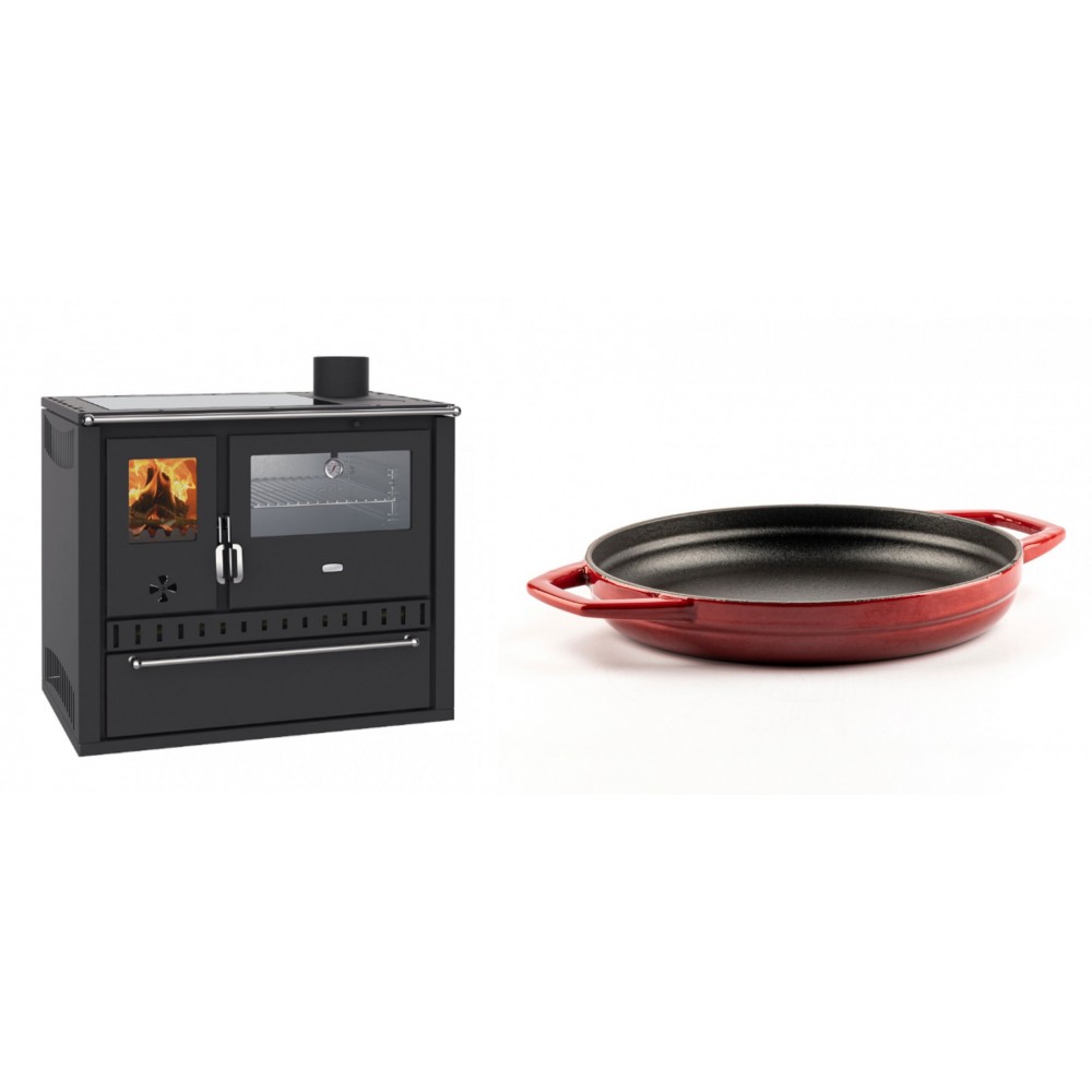 Set Küchenofen / Küchenhexe Wasserführend Prity GT W10, mit Edelstahl-Backofen, Glaskeramik-Kochfeld und Schublade, 13.3 kW + Emaillierte gusseisenpfanne mit zwei Griffen Solagio, Rubin, Ф22cm
