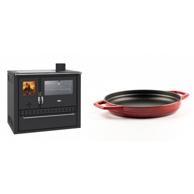Set Küchenofen / Küchenhexe Wasserführend Prity GT W10, mit Edelstahl-Backofen, Glaskeramik-Kochfeld und Schublade, 13.3 kW + Emaillierte gusseisenpfanne mit zwei Griffen Solagio, Rubin, Ф22cm - Kaminofen - Holzofen mit Backfach