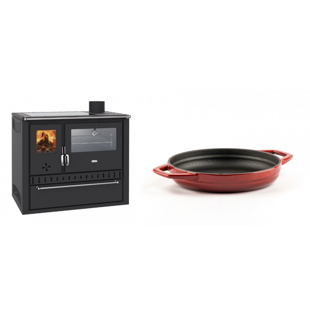 Set Küchenofen / Küchenhexe Wasserführend Prity GT W10, mit Edelstahl-Backofen, Glaskeramik-Kochfeld und Schublade, 13.3 kW + Emaillierte gusseisenpfanne mit zwei Griffen Solagio, Rubin, Ф19cm