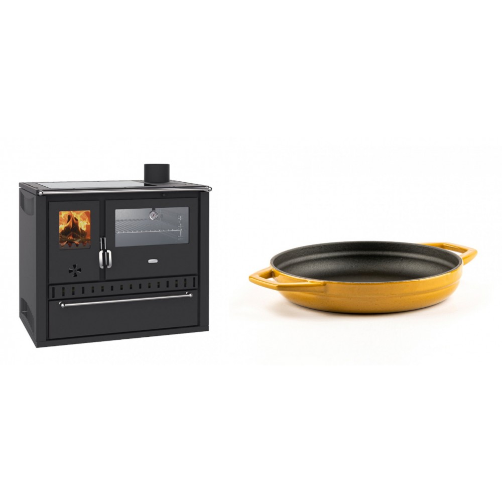 Set Küchenofen / Küchenhexe Wasserführend Prity GT W10, mit Edelstahl-Backofen, Glaskeramik-Kochfeld und Schublade, 13.3 kW + Emaillierte gusseisenpfanne mit zwei Griffen Solagio, Dijon, Ф19cm