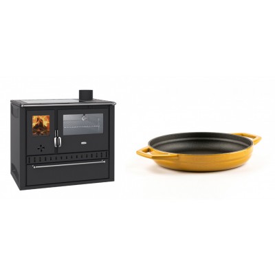Set Küchenofen / Küchenhexe Wasserführend Prity GT W10, mit Edelstahl-Backofen, Glaskeramik-Kochfeld und Schublade, 13.3 kW + Emaillierte gusseisenpfanne mit zwei Griffen Solagio, Dijon, Ф19cm - Kaminofen - Holzofen mit Backfach