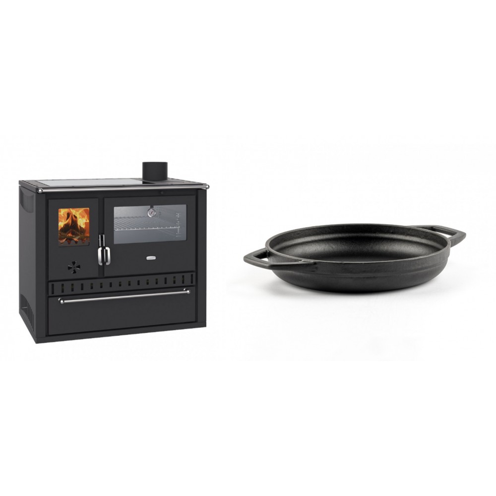Set Küchenofen / Küchenhexe Wasserführend Prity GT W10, mit Edelstahl-Backofen, Glaskeramik-Kochfeld und Schublade, 13.3 kW + Emaillierte gusseisenpfanne mit zwei Griffen Solagio, Black Onyx, Ф19cm