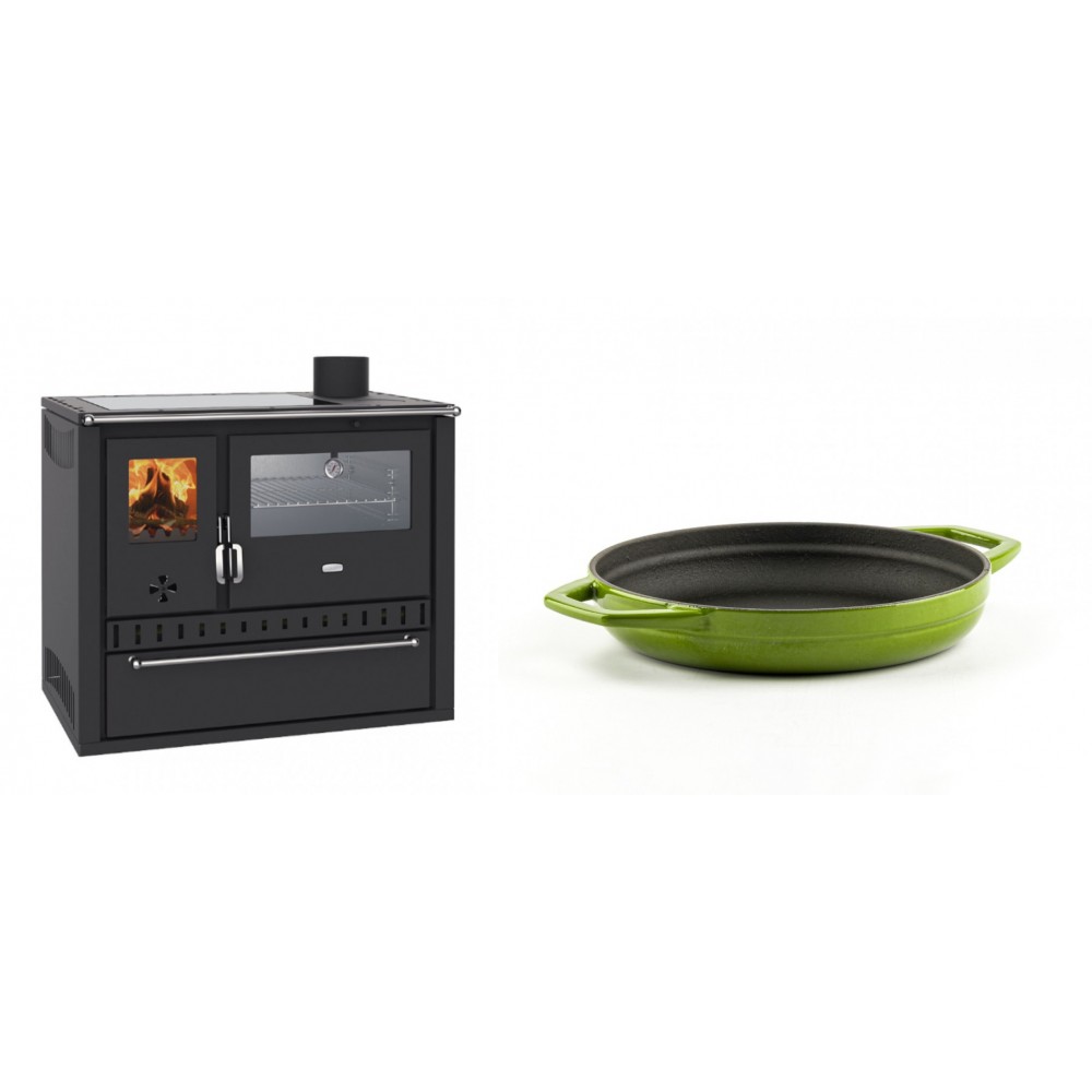 Set Küchenofen / Küchenhexe Wasserführend Prity GT W10, mit Edelstahl-Backofen, Glaskeramik-Kochfeld und Schublade, 13.3 kW + Emaillierte gusseisenpfanne mit zwei Griffen Solagio, Bamboo, Ф19cm | Kaminofen - Holzofen mit Backfach | Kaminofen |