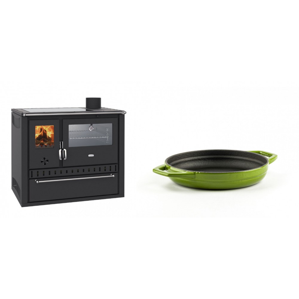 Set Küchenofen / Küchenhexe Wasserführend Prity GT W10, mit Edelstahl-Backofen, Glaskeramik-Kochfeld und Schublade, 13.3 kW + Emaillierte gusseisenpfanne mit zwei Griffen Solagio, Bamboo, Ф16cm | Kaminofen - Holzofen mit Backfach | Kaminofen |