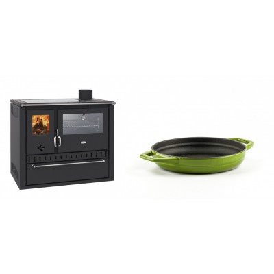 Set Küchenofen / Küchenhexe Wasserführend Prity GT W10, mit Edelstahl-Backofen, Glaskeramik-Kochfeld und Schublade, 13.3 kW + Emaillierte gusseisenpfanne mit zwei Griffen Solagio, Bamboo, Ф16cm - Kaminofen - Holzofen mit Backfach