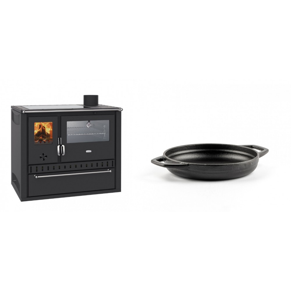 Set Küchenofen / Küchenhexe Wasserführend Prity GT W10, mit Edelstahl-Backofen, Glaskeramik-Kochfeld und Schublade, 13.3 kW + Emaillierte gusseisenpfanne mit zwei Griffen Solagio, Black Onyx, Ф16cm