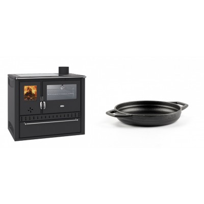 Set Küchenofen / Küchenhexe Wasserführend Prity GT W10, mit Edelstahl-Backofen, Glaskeramik-Kochfeld und Schublade, 13.3 kW + Emaillierte gusseisenpfanne mit zwei Griffen Solagio, Black Onyx, Ф16cm - Kaminofen - Holzofen mit Backfach