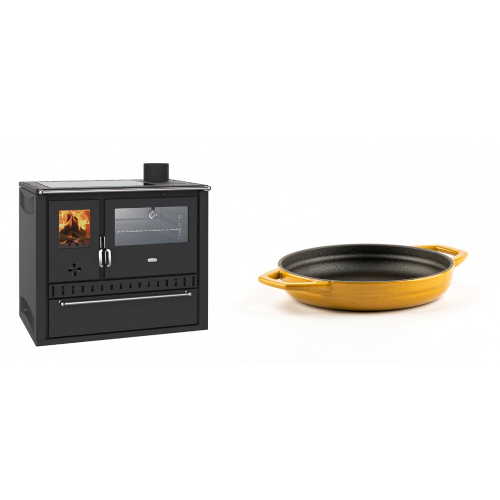Set Küchenofen / Küchenhexe Wasserführend Prity GT W10, mit Edelstahl-Backofen, Glaskeramik-Kochfeld und Schublade, 13.3 kW + Emaillierte gusseisenpfanne mit zwei Griffen Solagio, Dijon, Ф16cm | Kaminofen - Holzofen mit Backfach | Kaminofen |
