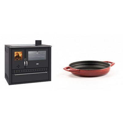 Set Küchenofen / Küchenhexe Wasserführend Prity GT W10, mit Edelstahl-Backofen, Glaskeramik-Kochfeld und Schublade, 13.3 kW + Emaillierte gusseisenpfanne mit zwei Griffen Solagio, Rubin, Ф16cm - Kaminofen - Holzofen mit Backfach
