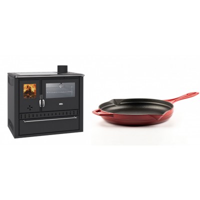 Set Küchenofen / Küchenhexe Wasserführend Prity GT W10, mit Edelstahl-Backofen, Glaskeramik-Kochfeld und Schublade, 13.3 kW + Emaillierte Gusseisenpfanne Solagio, Rubin, Ф28cm - Kaminofen - Holzofen mit Backfach