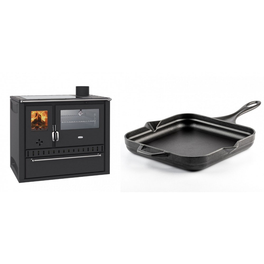 Set Küchenofen / Küchenhexe Wasserführend Prity GT W10, mit Edelstahl-Backofen, Glaskeramik-Kochfeld und Schublade, 13.3 kW + Emaillierte Gusseisenpfanne Solagio, Black Onyx, 28x28cm