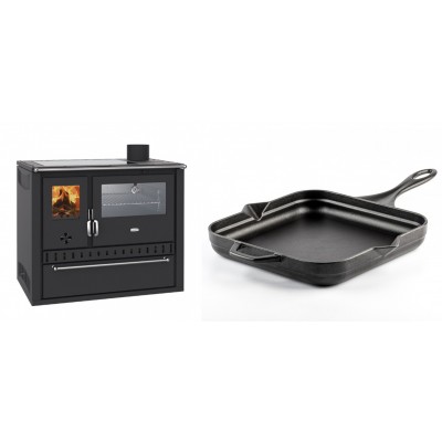 Set Küchenofen / Küchenhexe Wasserführend Prity GT W10, mit Edelstahl-Backofen, Glaskeramik-Kochfeld und Schublade, 13.3 kW + Emaillierte Gusseisenpfanne Solagio, Black Onyx, 28x28cm - Kaminofen - Holzofen mit Backfach
