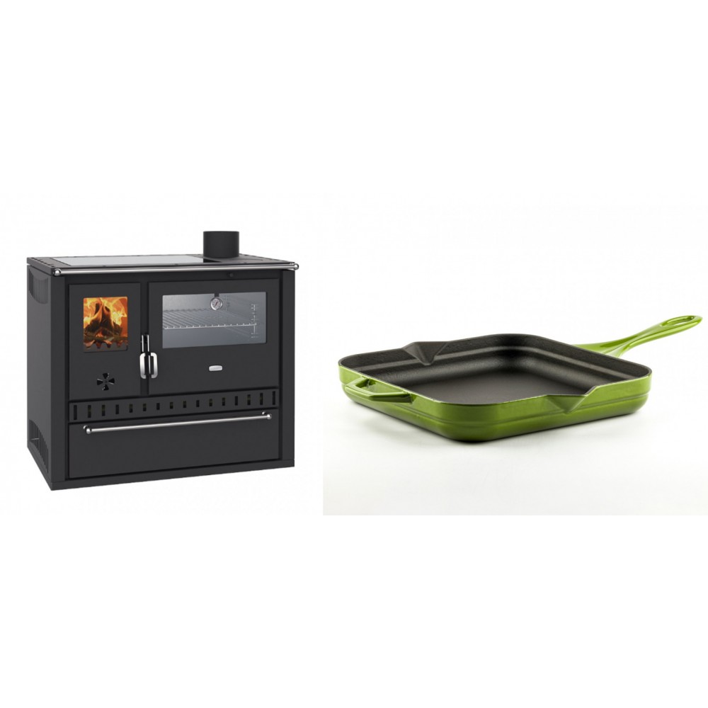 Set Küchenofen / Küchenhexe Wasserführend Prity GT W10, mit Edelstahl-Backofen, Glaskeramik-Kochfeld und Schublade, 13.3 kW + Emaillierte Gusseisenpfanne Solagio, Bamboo, 28x28cm | Kaminofen - Holzofen mit Backfach | Kaminofen |