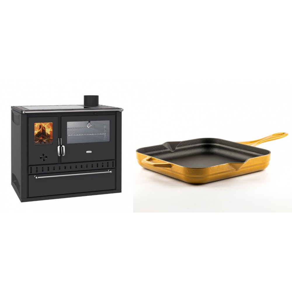 Set Küchenofen / Küchenhexe Wasserführend Prity GT W10, mit Edelstahl-Backofen, Glaskeramik-Kochfeld und Schublade, 13.3 kW + Emaillierte Gusseisenpfanne Solagio, Dijon, 28x28cm