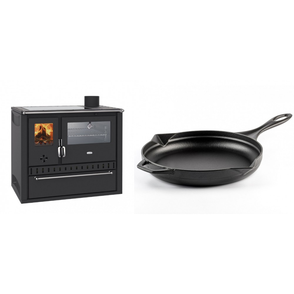 Set Küchenofen / Küchenhexe Wasserführend Prity GT W10, mit Edelstahl-Backofen, Glaskeramik-Kochfeld und Schublade, 13.3 kW + Emaillierte Gusseisenpfanne Solagio, Black Onyx, Ф28cm | Kaminofen - Holzofen mit Backfach | Kaminofen |