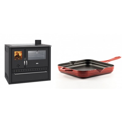 Set Küchenofen / Küchenhexe Wasserführend Prity GT W10, mit Edelstahl-Backofen, Glaskeramik-Kochfeld und Schublade, 13.3 kW + Emaillierte Gusseisenpfanne Solagio, Rubin, 28x28cm - Kaminofen - Holzofen mit Backfach