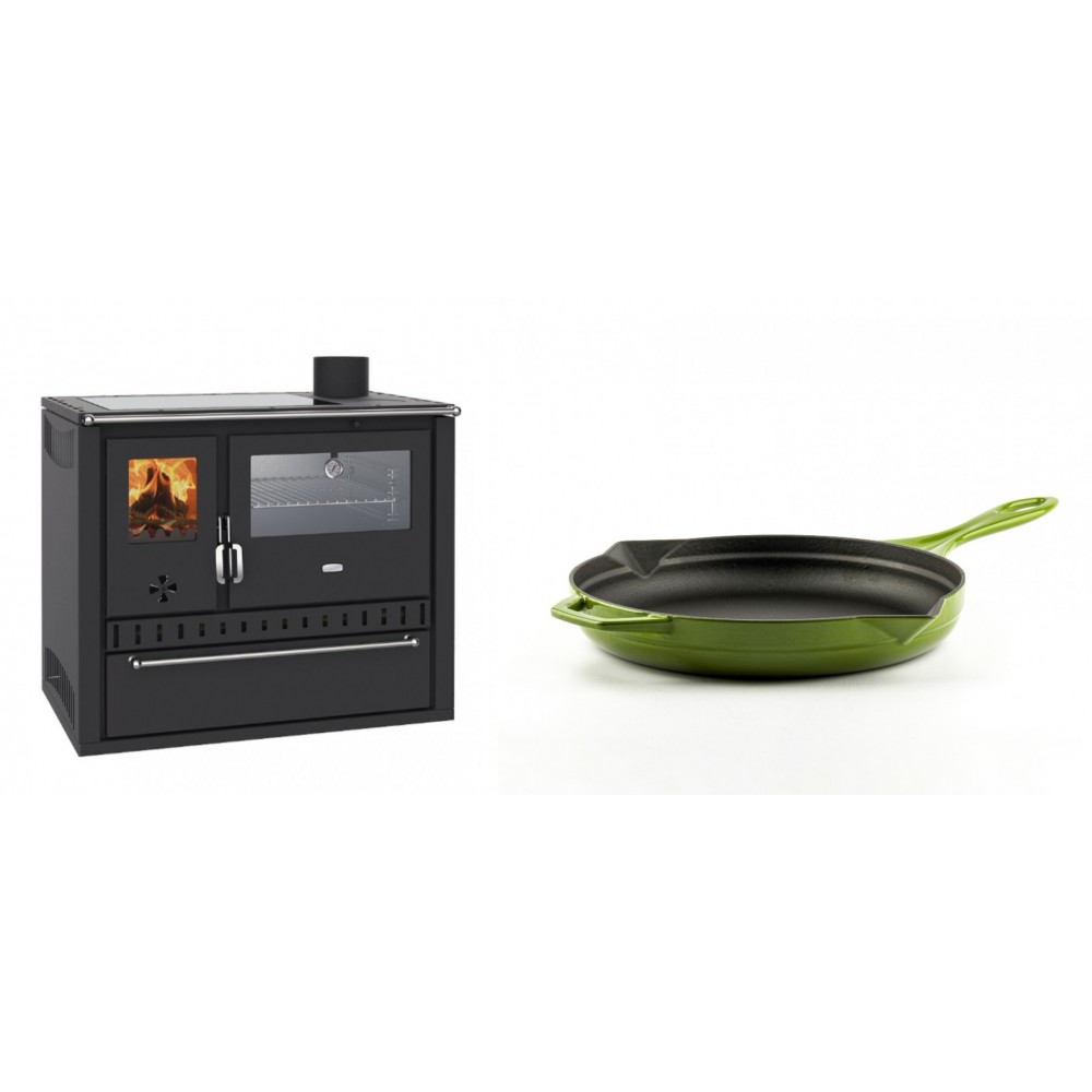 Set Küchenofen / Küchenhexe Wasserführend Prity GT W10, mit Edelstahl-Backofen, Glaskeramik-Kochfeld und Schublade, 13.3 kW + Emaillierte Gusseisenpfanne Solagio, Bamboo, Ф24cm