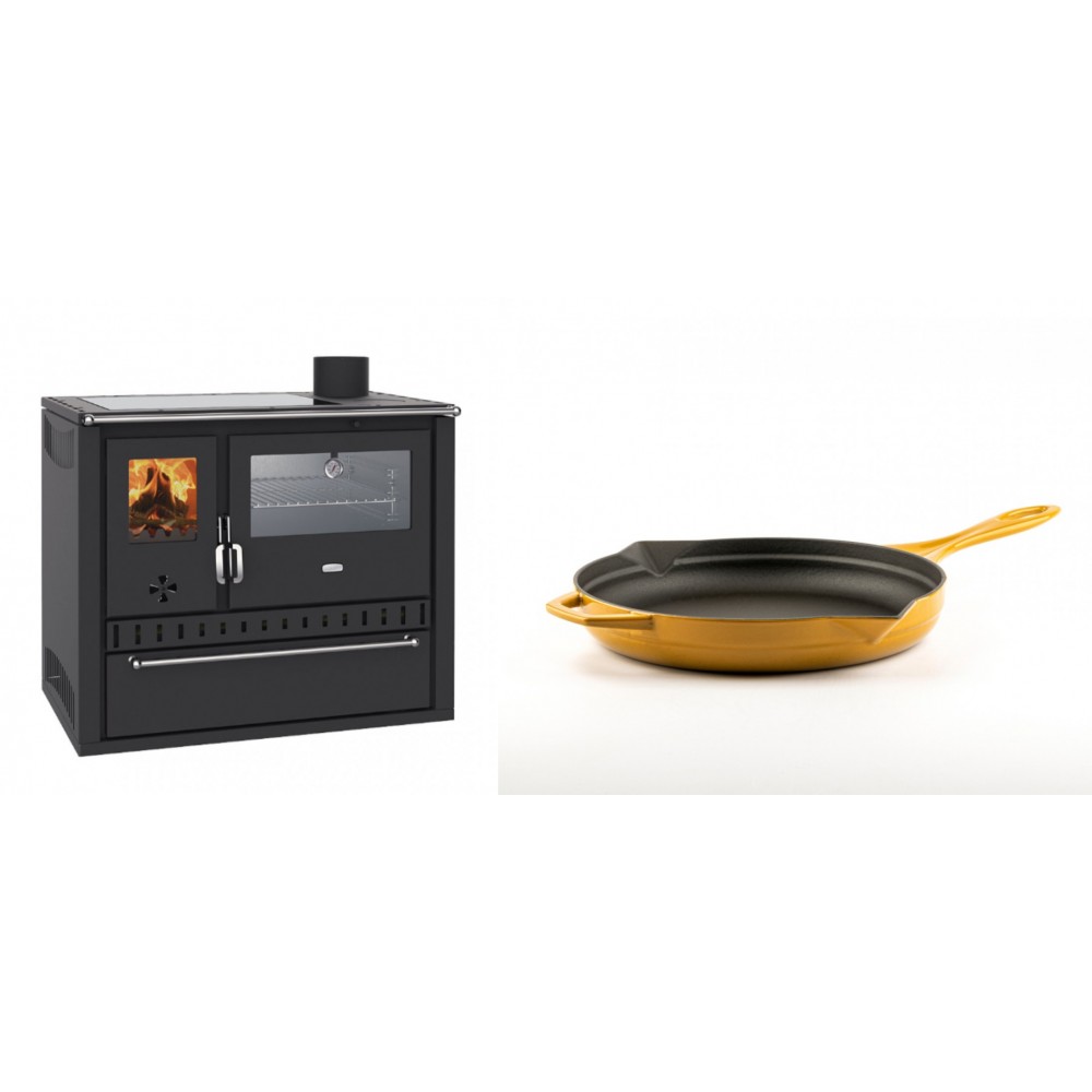Set Küchenofen / Küchenhexe Wasserführend Prity GT W10, mit Edelstahl-Backofen, Glaskeramik-Kochfeld und Schublade, 13.3 kW + Emaillierte Gusseisenpfanne Solagio, Dijon, Ф24cm